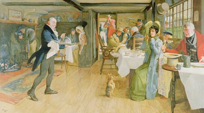 Bedelen om avondeten, (chromolithografie, proef nr. 74, met blindstempel van Lawrence en Bullen) door Cecil Charles Windsor Aldin